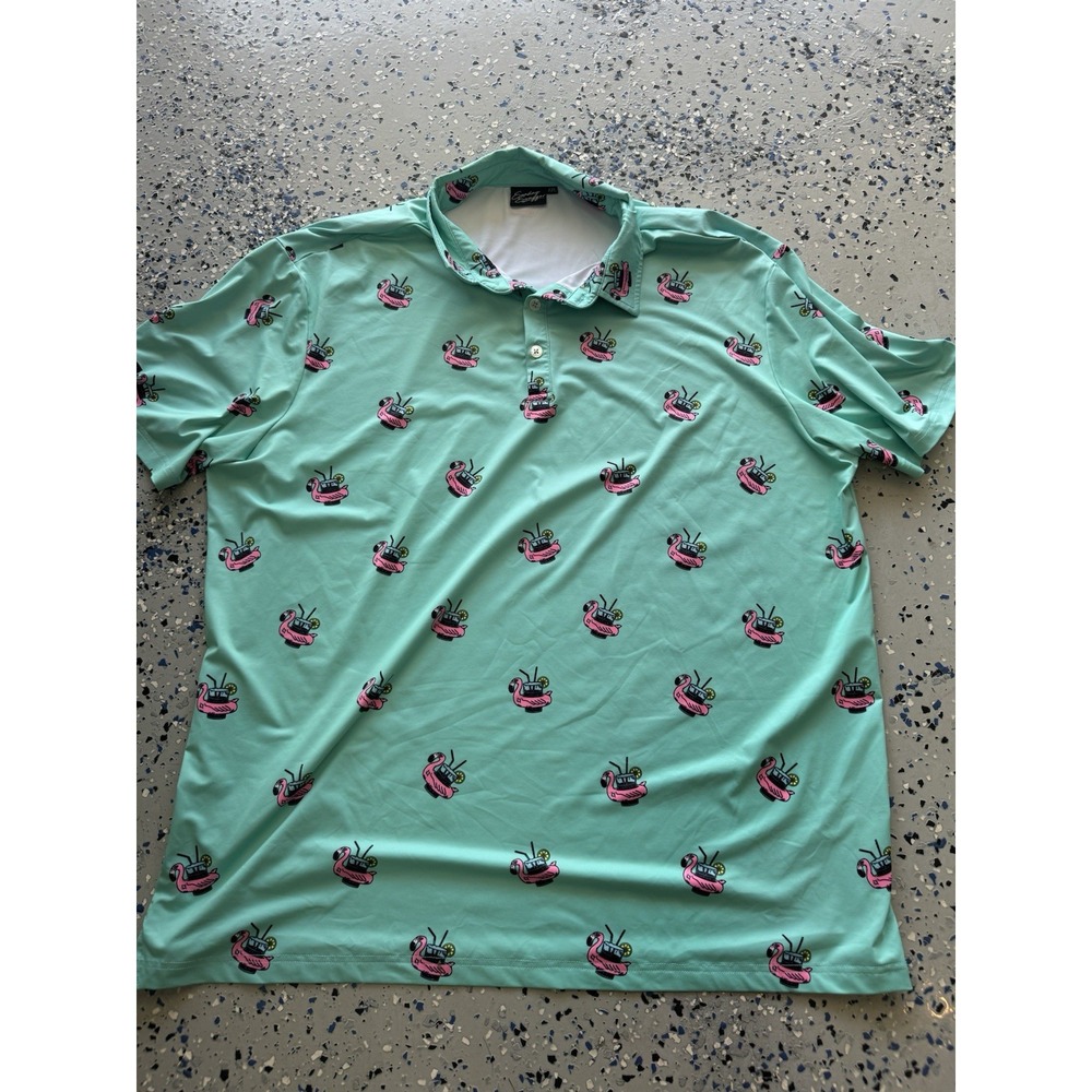 Sunday Swagger Polo Shirt 2XL‎ Flamingo Drink Golf Tropical Party Vibes Stretch